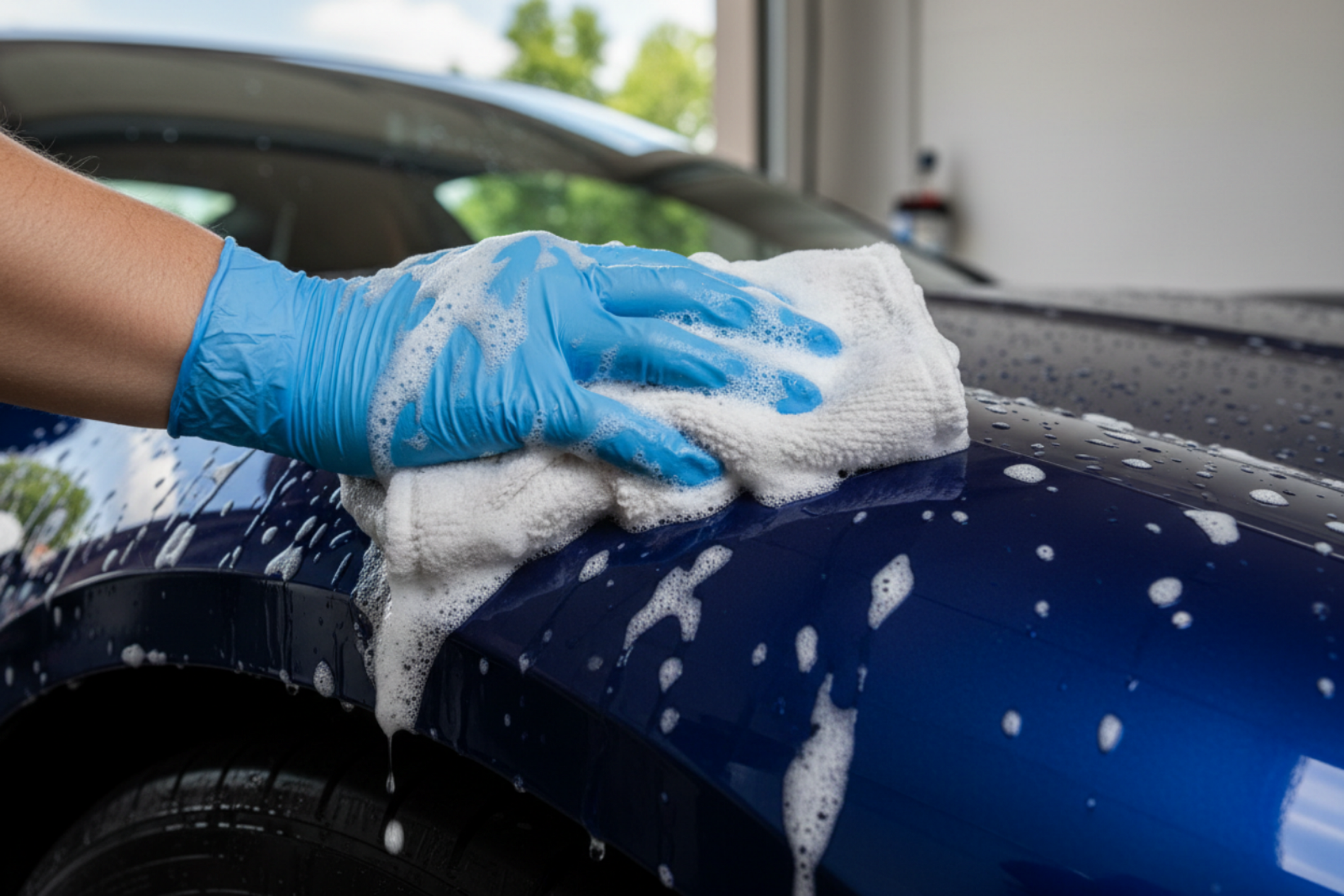 Exterieur - blauwe washandschoen